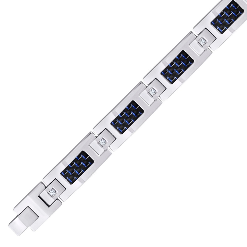 Stainless Steel Blue Carbon Fiber Inlay 12mm 9 inches Classic Mens Boy Bracelet